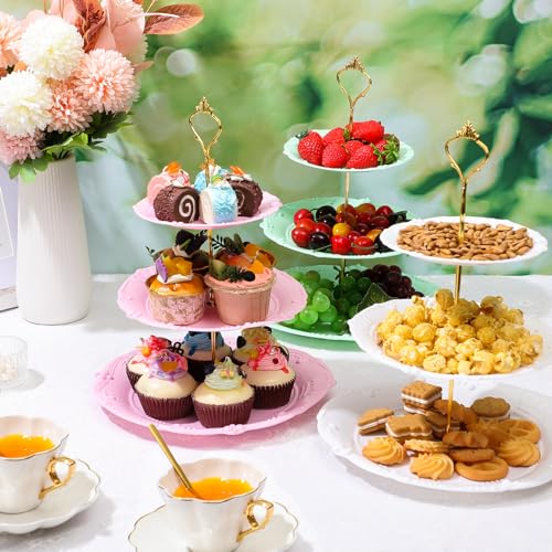 6 Pcs 3 Tier Cupcake Stand Tea Party Trays 3 Tier Serving Tray Plastic Dessert Stand Cake Fruit Candy Display Tower for Wedding Birthday Tea Party (Round,White,Pink,Green) - color: White,pink,green, size: Round