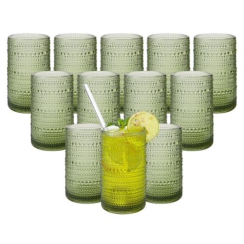 Vintage Hobnail Drinking Glasses Set of 12, 16 oz Large Capacity Embossed Green Tumblers, Highball Glasses for Water, Cocktail, Beer, Whiskey, Kitchen & Bar Use - color: Set of 12 Green
