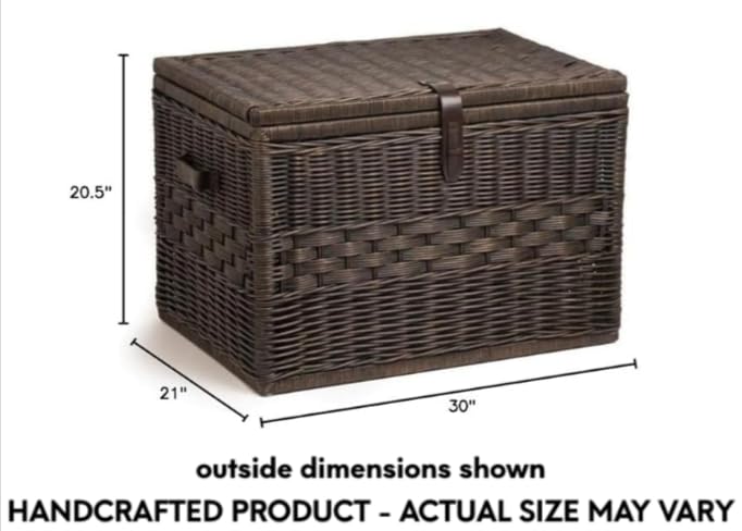The Basket Lady Deep Wicker Storage Trunk, XL, Walnut Brown | Outside: 30" L x 21" W x 20.5" H | Inside: 28”L x 19”W x 18.5”H - Handcrafted by artisans from natural rattan - color: Antique Walnut Brown, size: XL