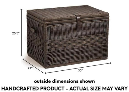The Basket Lady Deep Wicker Storage Trunk, XL, Walnut Brown | Outside: 30" L x 21" W x 20.5" H | Inside: 28”L x 19”W x 18.5”H - Handcrafted by artisans from natural rattan - color: Antique Walnut Brown, size: XL