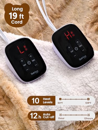 Bearhug Electric Blanket Queen Size with Dual Controls, 10 Heat Levels & 1-12H Auto Shut-Off, Fast Heating Soft Faux Fur to Sherpa Heated Blanket for Couples, Machine Washable, Taupe - color: Champagne-faux Fur & Sherpa, size: Queen Size 84" × 90"