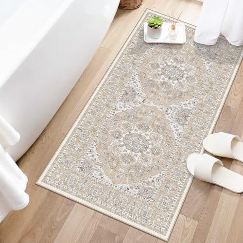 RUUGME Entryway 2x4 Runner Rug: Washable Vintage Kitchen Rugs Non-Slip Low Pile Lightweight Carpet for Hallway Bedroom Soft Thin Stain Resistant Floor Mat for Bathroom Laundry Room (Beige/Cream,2x4) - color: Beige/Cream, size: 2x4