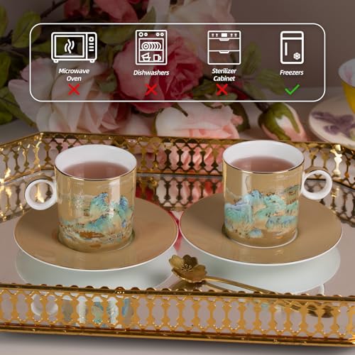 KAMMAK Tea Cups and Saucers Set of 2, Porcelain Coffee Cups, JBE008 | Stackable Espresso Mugs, Ceramic Demitasse for Coffee, Cappuccino, Latte, Americano, Tea - size: 8CZJBE008