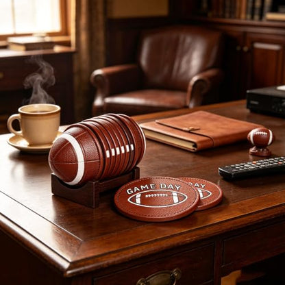 Football Coasters - 6 Full-Size Gridiron Rustic American Football Coasters | Non-Slip for Log Cabin, Man Cave, Bar & Farmhouse Decor | Protect Furniture - style: Football
