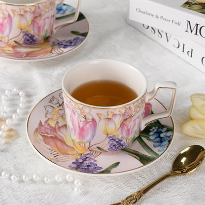 KAMMAK Tea Cups and Saucers Set of 2, Porcelain Coffee Cups, NX022 | Gold Rim, Stackable Espresso Mugs, Ceramic Demitasse for Coffee, Latte, Americano, Afternoon Tea, Elegant Gift for Women - size: 8CZNX022