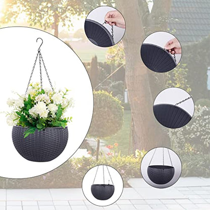 Vencer 11 Inch Round Resin Rattan Hanging Planters,Grey,VF-A15-G | Self Watering,Drain Hole,Metal Chain,Water Indicator,Indoor Outdoor - color: Gray