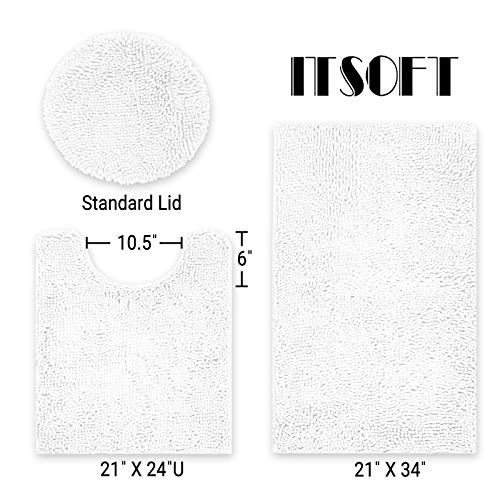 Standard 3pc Non-Slip Shaggy Chenille Bathroom Mat Set, Includes 24"x21" U-Shaped Contour Toilet Rug, 34"x 21" Bathmat and 1 Toilet Lid Cover, White - color: White, size: 24''x21’’, 34’’x21’’ and TLC (Set)