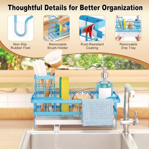 Sponge Holder for Kitchen Sink, Self-draining Sink Caddy with Towel Rack and Brush Holder, Metal Kitchen Countertop Organizers and Storage Essentials, Blue - color: Blue