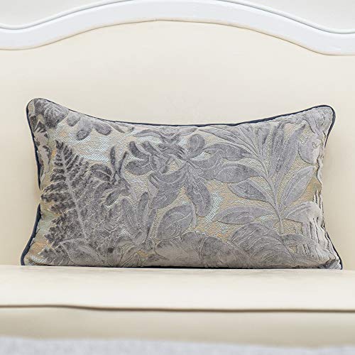 Alerfa 12 x 20 Inch Gray Silver Rectangle Maple Leaf Pillow Embroidery Cut Velvet Cushion Case Luxury Modern Lumbar Throw Pillow Cover Decorative Pillow for Couch Sofa Living Room Bedroom Car - color: Gray Leaf, size: 20" x 12" (Pack of 1)