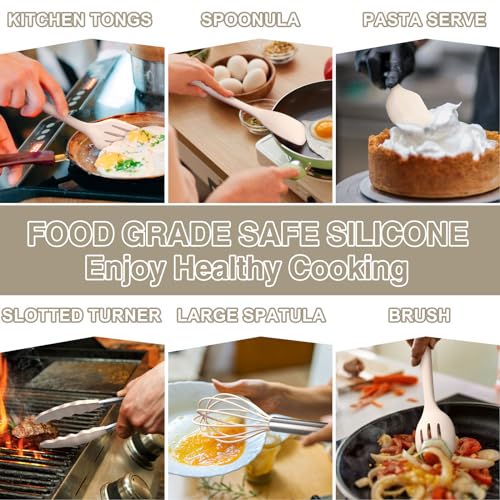 Umite Chef 22-Piece Silicone Cooking Utensils Set，Heat Resistant & Dishwasher Safe Kitchen Tools, Black Non-Scratch Spatula Set for Nonstick Cookware (Khaki) - color: Khaki