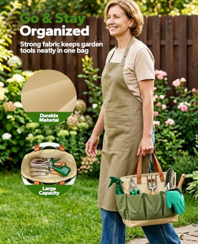 YAUNGEL Gardening Tools Set of 10 Heavy Duty Gardening Hand Tools Stainless Steel Garden Tools with Wooden Handle, Storage Garden Bag, Gardening Gifts for Women and Men