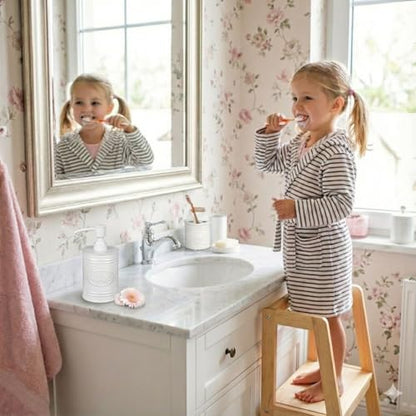 Autumn Alley Kids Bathroom Accessories Set – 2-Piece White Soap Dispenser & Toothbrush Holder, Farmhouse Bathroom Countertop Organizer for Kids, Durable Metal Bathroom Set with Wood Handle - color: White