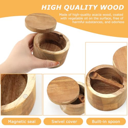 Saycker Wood Salt and Pepper Bowl, with Swivel Lid and Spoon Round Salt Container Spices Storage Box(7cm/2.76inch Dia) - color: S