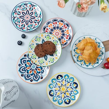 LEHAHA Porcelain Appetizer Plates Set of 6, 6 Inch Small Ceramic Dessert Plates, 6-Piece Floral Round Plates for Salad, Appetizer, Snack, Microwave & Dishwasher Safe - color: Talavera