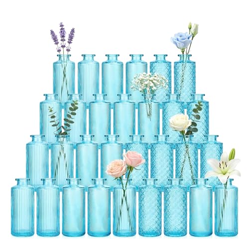 Glass Bud Vases 30 Pack, Small Blue Flower Vases for Centerpieces in Bulk | Mini Vintage Vases for Wedding, Party, Home or Table Decorations - color: Blue
