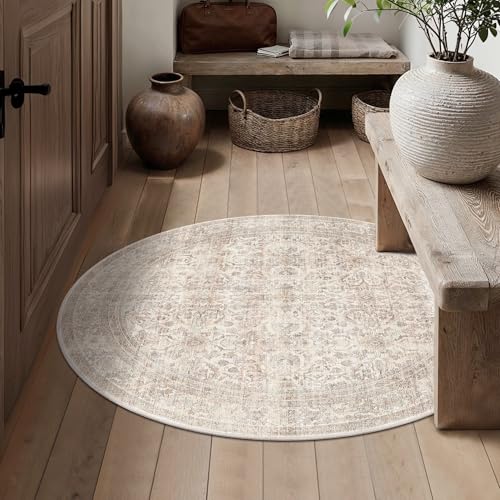 Schweek 4ft Round Rug Neutral Beige Washable Non-Slip Circle Rug Area Rugs | Distressed Vintage Circular Area Rug, Soft Low-Pile Indoor Floor Mat Carpet for Bedroom, Kids Room, Dining, Dorm, Home Office - color: Beige, size: 4' (Round)
