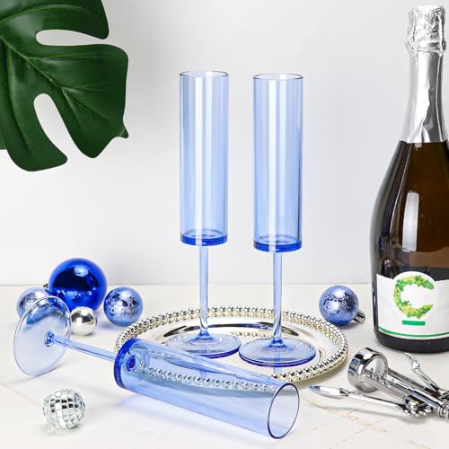 24 PCS Sapphire Blue Plastic Champagne Flutes 5.4 OZ Clear Acrylic Champagne Flutes Sparkling Wine GlassesLong Stem Crystal Champagne Glasses For Wedding Baby Shower Anniversary Birthday - color: Sapphire, size: 24 Pack
