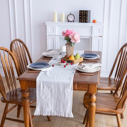 Simple&Opulence Linen Cotton Table Runner - 14 x 108 Inch, Farmhouse Linen Table Runner with Fringed Edges for Bohemian Rustic Wedding, Bridal Shower, Dinner （ White ） - size: 14"x108", style: White