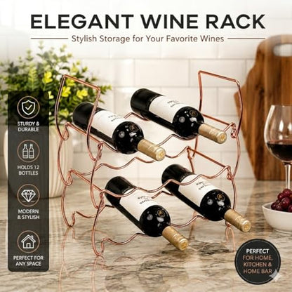 3-Tier Countertop Wine Rack, 12-Bottle Metal Liquor Display Shelf | Stackable 3-Tier Metal Wine Rack for Home Bar, Kitchen Cabinet, Countertops & Pantry - color: Rose Gold