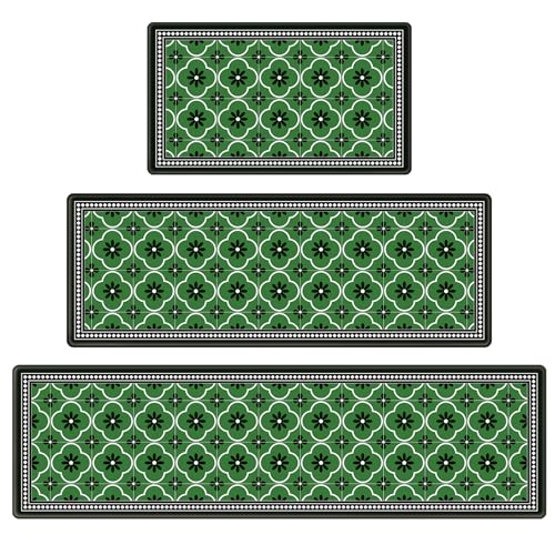 Vintage Floral Tile Kitchen Rug Sets of 3, Geometric Non Slip Mat for Floor | Thick Cushioned Anti-Fatigue Decor Runner Rug, PVC Soft Comfort Waterproof Standing Mat for Sink Laundry Front & Indoor Doors - color: Ink Green Begonia, size: 18"x30"+18"x48"+1