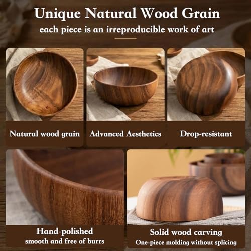 Acacia Wooden Salad Bowl Set 4Pcs,Wood Bowls Decorative With Wooden Spoons For Cooking,Forks, And Tongs.Acacia Wood Salad Bowl, Single-serve bowl,Couple Bowls For Housewarming Gift,Wedding
