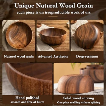 Acacia Wooden Salad Bowl Set 4Pcs,Wood Bowls Decorative With Wooden Spoons For Cooking,Forks, And Tongs.Acacia Wood Salad Bowl, Single-serve bowl,Couple Bowls For Housewarming Gift,Wedding