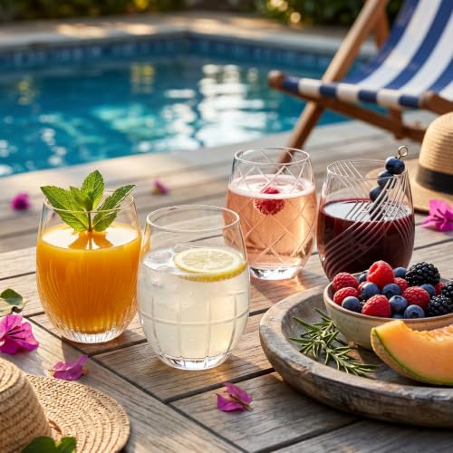 MyGift Set of 4 Modern Stemless Wine Glasses with Etched Geometric Pattern – Decorative Glass Drinkware for Wine, Cocktails, and Entertaining