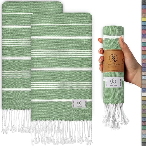 Ossano Decorative Turkish Hand Towels - Thin & with Tassels - Set of 2 (30" x 18") - for Kitchen & Bathroom - Multifunctional as - Hand Towels for Bathroom, Guest Towel, Face Cloths - Green - color: Green