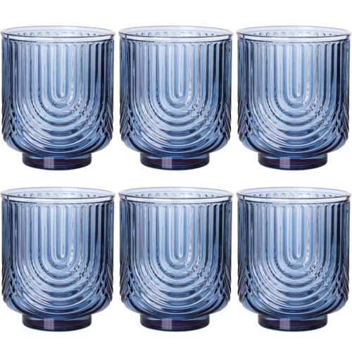 Blue Vintage Drinking Glasses Set of 6-15oz Hand-Blown Highball Ribbed Glassware, Arch Design Cocktail Glasses for Whiskey Water Beverages Ice Coffee Juice Milk - color: Blue, size: 15oz