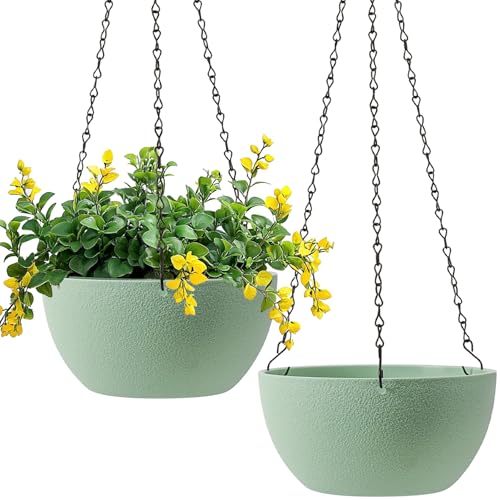 T4U Hanging Planters for Indoor Outdoor Plants, 8 Inch Green 2 Pack | Self-watering flower pots with drainage and chains for vines, ivy, fern and petunia; indoor, porch, patio or garden decor - color: Green, size: 8 In
