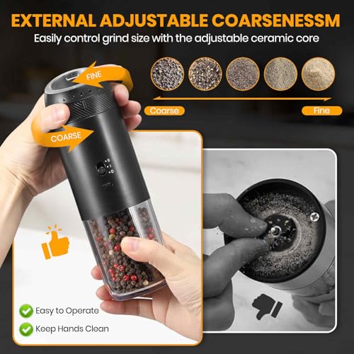 Gravity Electric Salt Grinder Set w/Variable Speed,Black 2 Pack | with Variable Grinding Speed, External Adjustable Coarseness, One Hand Operation, Upgraded Larger Capacity,White LED Light - color: Black