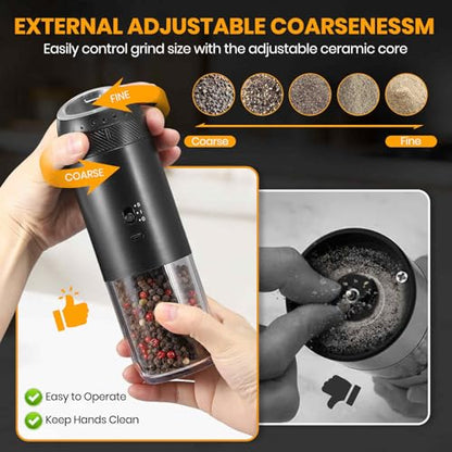 Gravity Electric Salt Grinder Set w/Variable Speed,Black 2 Pack | with Variable Grinding Speed, External Adjustable Coarseness, One Hand Operation, Upgraded Larger Capacity,White LED Light - color: Black
