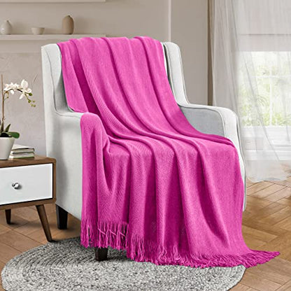 Vonty Hot Pink Knitted Blanket with Tassels Fringe 60" x 80", Super Soft Knit Throw Blanket, Farmhouse Decorative Lightweight Blanket for Couch, Sofa, Bed | Super Soft And Lightweight, Year-Round Cozy Warmth, Farmhouse Decorative Style, Machine Washable,