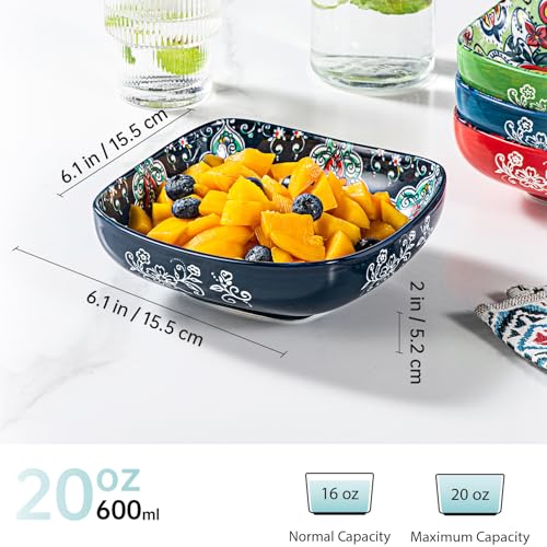 HENXFEN LEAD Boho Ceramic Square Bowls – 20 oz Colorful Bowls for Snacks, Dessert, Side Dishes, Pasta - 6 Inches Appetizer Plates Set of 6, Microwave & Dishwasher Safe - size: 20 Oz