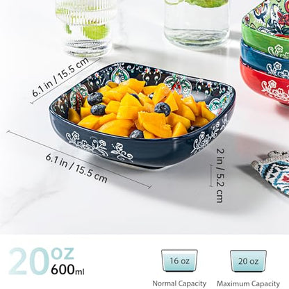 HENXFEN LEAD Boho Ceramic Square Bowls – 20 oz Colorful Bowls for Snacks, Dessert, Side Dishes, Pasta - 6 Inches Appetizer Plates Set of 6, Microwave & Dishwasher Safe - size: 20 Oz