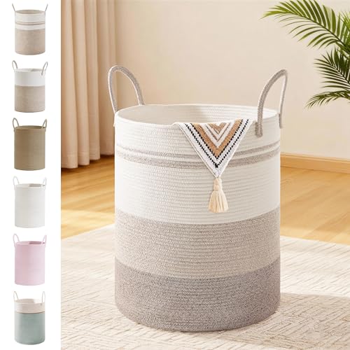 53L Tall Cotton Rope Laundry Basket with Handles, Brown Striped | Storage Bin for Clothes, Blankets & Kids Toys, Boho Woven Hamper, Portable Organizer for Nursery, Bedroom, Living Room - color: Brown Striped, size: 53L