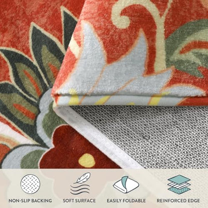 Lahome Floral Red 3x5 Area Rug, Washable Kitchen Fall Rugs Non-Slip ‎Stain Resistant Soft Throw Low-Pile Carpet for Bedroom, Christmas Paisley Print Floor Carpet for Living Room Entryway Office | Fall Rug Non-Slip Stain Resistant Throw Low-Pile Carpet for
