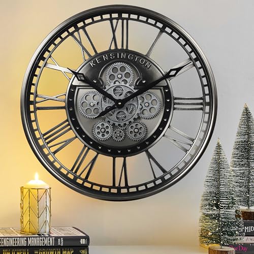 21" Metal Roman Numeral Wall Clock with Moving Gears,Gunmetal | SIilent Non Ticking, Aluminum Dial, Unique Modern Wall Clocks for Living Room, Dinning Room, Entryway & Home Office - color: Roman Gunmetal, size: 21"