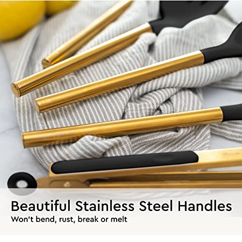 Styled Settings Black and Gold Kitchen Utensils Set, 6-Piece | Silicone Utensils Set Include Tongs, Whisk, Serving Spoon, Spatula, & Turner for Stylish Cooking - Gold Kitchen Accessories - color: Black & Gold