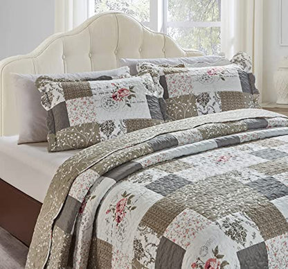 Brilliant Sunshine Pink Roses & Grey Toile Pillowshams Set, 20"x26"+2" | Patchwork Design, Quilted Standard Pillowcases, Washable Scallop Edge Pillow Covers, Pack of 2 - color: Rose Grey, size: 20 x 26 inches