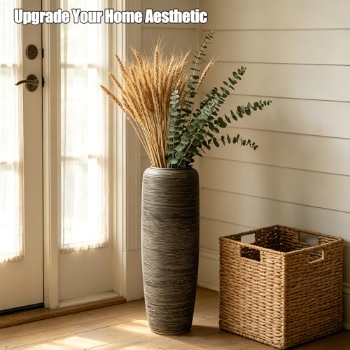 Brown Rustic Ceramic Floor Vase, 24 Inch, Ribbed Texture | Living Room, Entryway, Fireplace, Pampas Grass, Dried Branches - size: 23.6 Inch