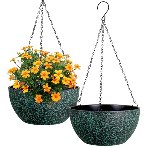 Meowell 12 inch Large Hanging Planters for Indoor Outdoor Plants, 2 Pack Hanging Flower Pots with Drainage Holes and Chain, Plastic Hanging Baskets for House Plants, Black with Green Speckles - color: Black With Green Speckles, size: 12inch 2pcs