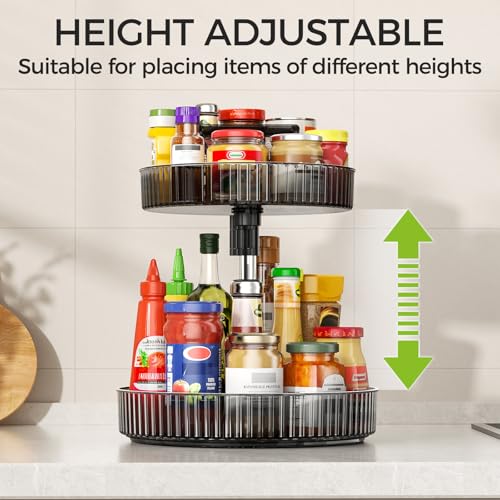 YCIA&DONE Premium 2-Tier Adjustable Lazy Susan Turntable Organizer 12 Inch Rotating Spice Rack for Cabinet, Kitchen Pantry Condiment Organizer with Deep Baskets and Handle, Gray - color: Gray