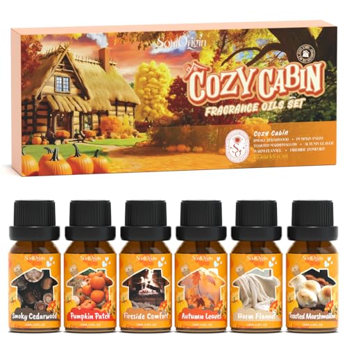 Soulorigin Fall Cozy Cabin Fragrance Oils Set, Essential Oil for Diffuser, Use for Soap Candle Making-Smoky Cedar Wood, Roasted Marshmallows, Autumn Leaves, Warm Flannel, Fireplace Time, Pumpkin Patch - color: Cozy Cabin