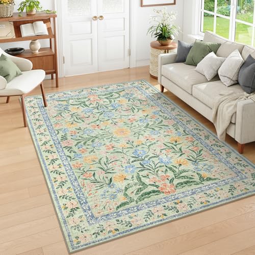 Wonnitar Washable Floral 6x9 Rug, Soft Green Area Rug Boho Non Slip Dining Room Carpet, Non-Shedding Flower Floor Carpets for Kids Bedroom Living Room Dorm Playroom - color: Green, size: 6' x 9' (Rectangular)