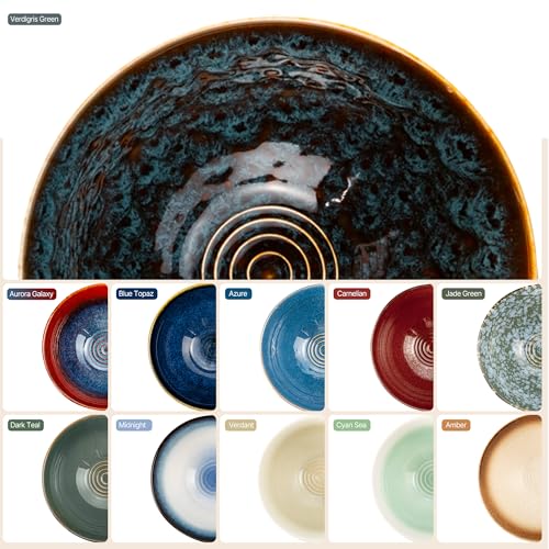 8 Inch Ceramic Ramen Bowl Set of 2, 40oz Japanese Bowls with Spoons & Chopsticks,Durable,Microwave & Dishwasher Safe,Perfect for Ramen,Pho,Salad,Soup,Noodles，Mixing bowls（Verdigris Green） - color: Verdigris Green