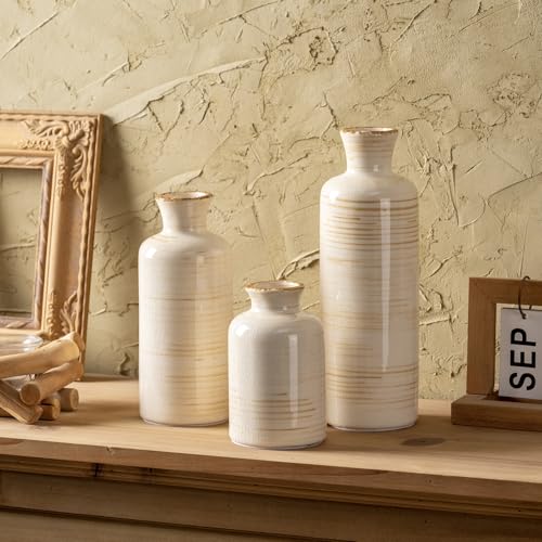 Ceramic Vases Set of 3, Minimalist Decorative Flower Vases for Farmhouse Home Decor, Table Shelf Mantel, Living Room, Entryway, Kitchen Centerpiece – Minimalist Neutral