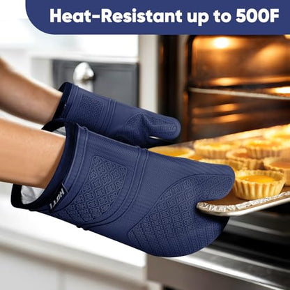 Silicone Oven Mitts, Heat Resistant Oven Gloves with Quilted Liner, Waterproof & Non-Slip Kitchen Mittens for Baking Cooking BBQ, 500°F, 12.5"-Ink Blue - color: Ink Blue