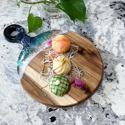 Acacia Wood Serving Board with Ocean Resin Art, 14.6" x 10.2" Charcuterie Cheese Tray for Display & Prep, Cutting Board on Back, Includes Stand & Loofah, Christmas Housewarming Gift (Round) - color: Round Cutting Board, size: Small
