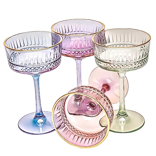Vintage Coupe Glasses Set of 4, Champagne, Cocktail, Martini, Wine Glasses, Long Stem Glassware, (8.8oz/260ml) (Colorful Gold 4_Pcs) - style: Colorful Gold 4_Pcs